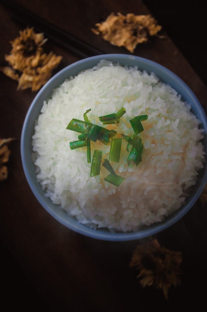 A close-up of a bowl of steamed white rice garnished with chopped green onions, showcasing elegant food presentation.