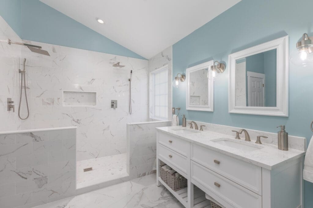 400 Buckthorne Dr Lexington SC Renovated Primary Bathroom With Tile Floors and Tiled Walk In Shower 